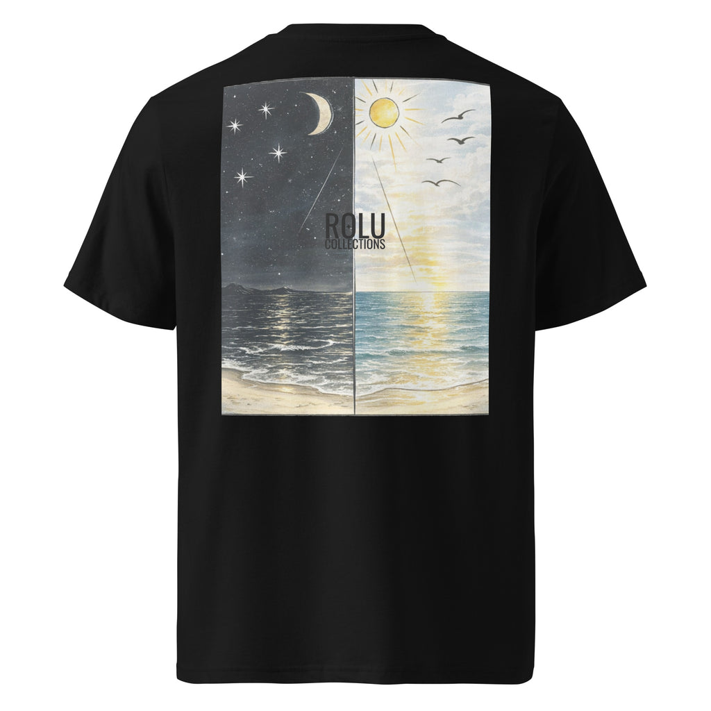 Back of Dark Meets Light unisex organic cotton T-shirt in Black
