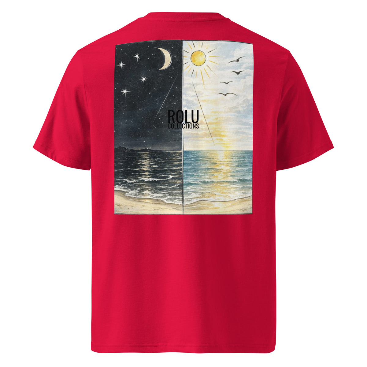 Back of Dark Meets Light unisex organic cotton T-shirt in Red