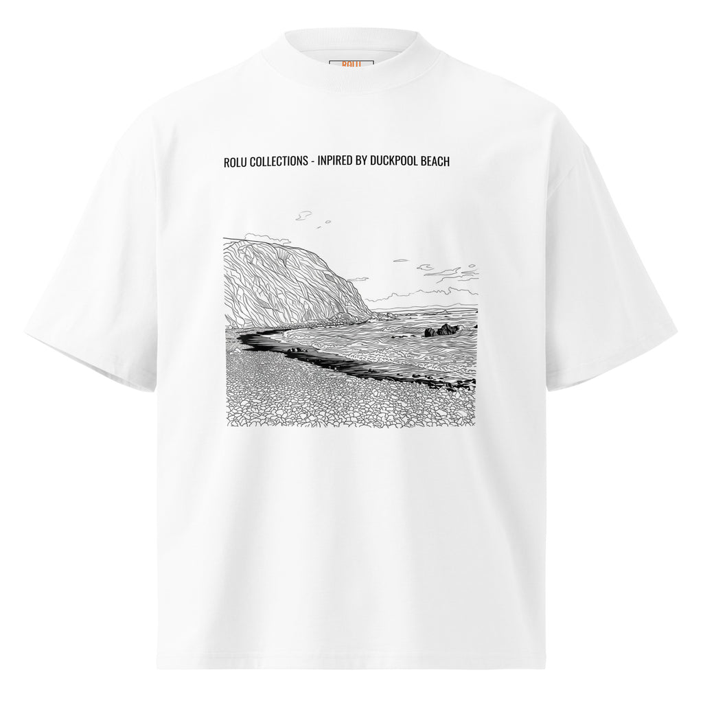 White unisex organic oversized high neck t-shirt front view - Duckpool Beach