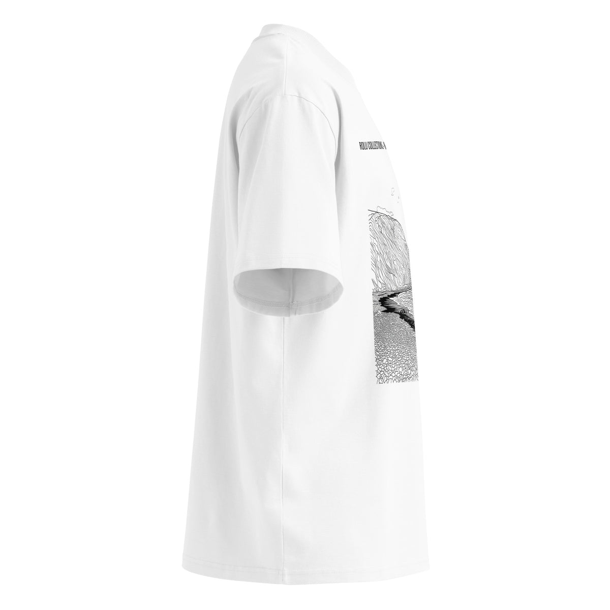 White unisex organic oversized high neck t-shirt right side view - Duckpool Beach